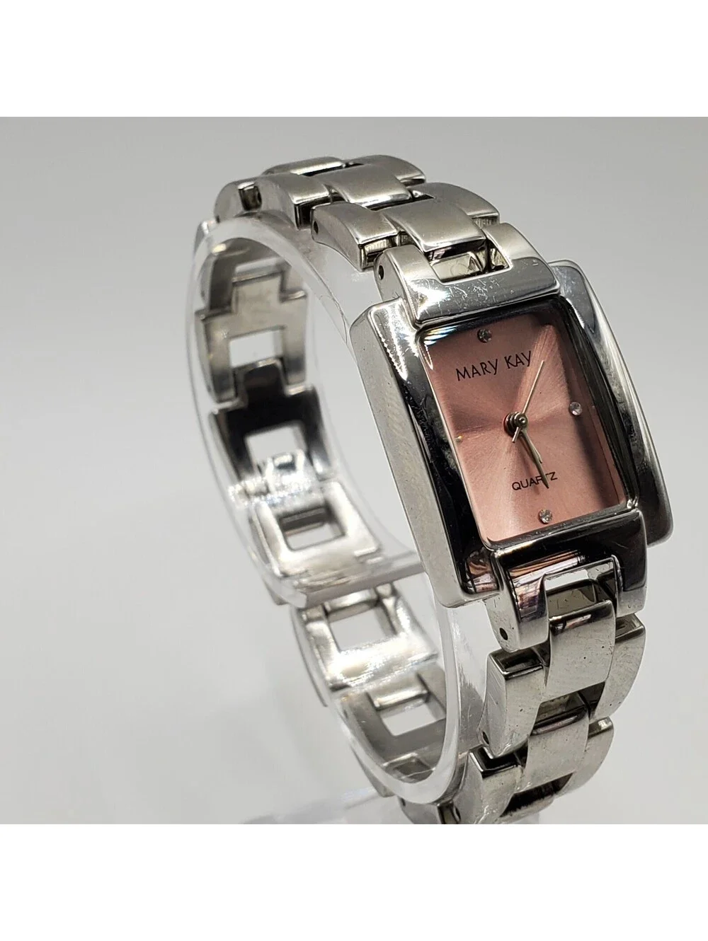 Mary Kay Pink Dial Rectangle Womens Watch 20mm Silver Tone New Battery